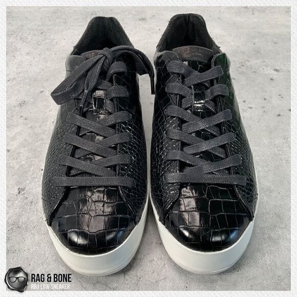 RAG AND BONE RB1 LOW PLATFORM SNEAKERS BLACK CROCODILE EMBOSSED LEATHER SIZE 7.5 - Picture 7 of 16